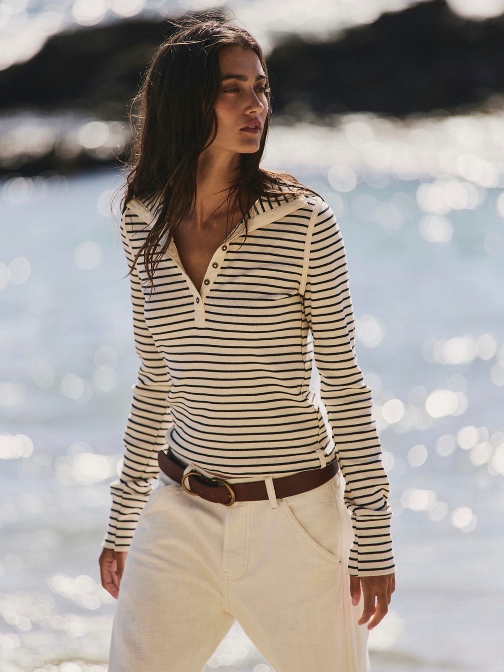 Free People soft black striped Henley, size Small - Picture 3 of 9
